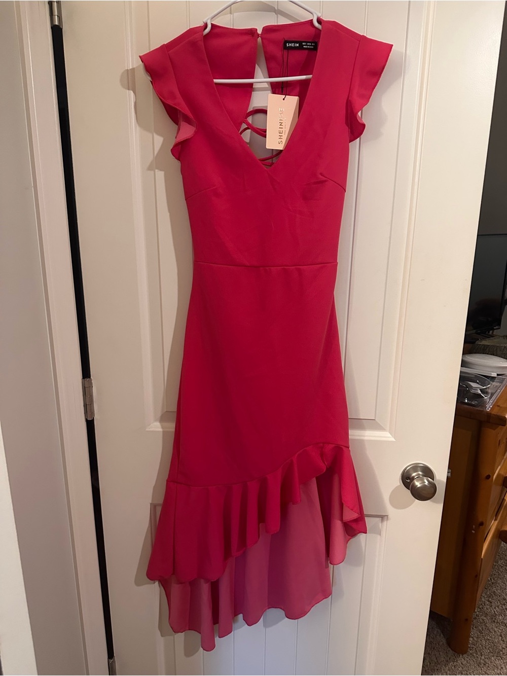 SHEIN fuchsia V-neck Ruffle Hem Dress